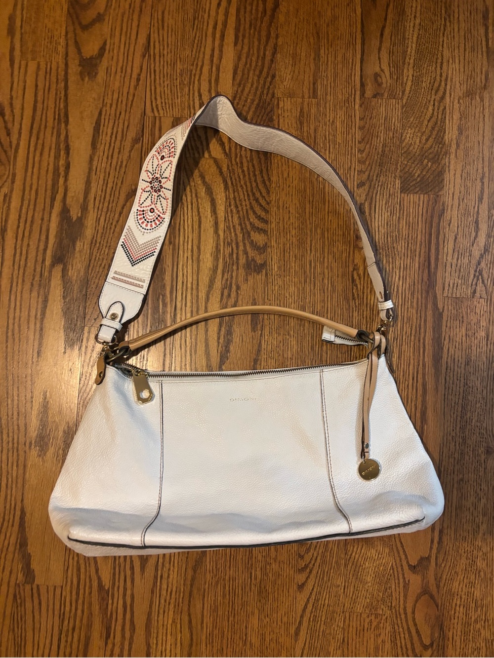 dimoni pebbled leather satchel with embroidered handlebar strap